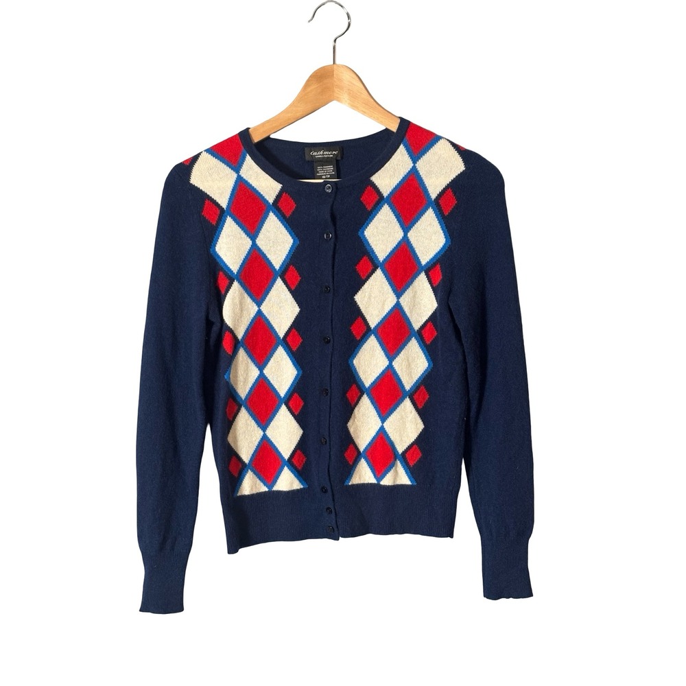 Lord & Taylor Cashmere Argyle Cardigan Sweater XS Navy Blue Red White Diamond